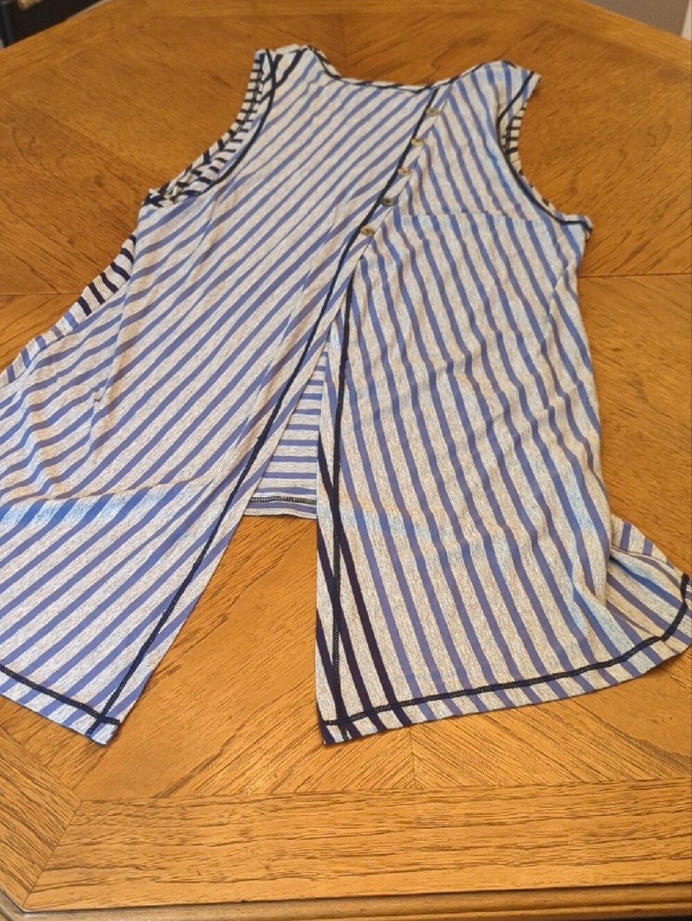 Sleeveless Tunic Tank Top - Navy, Blue & Gray Stripes Back Buttons Open Low Back - Picture 5 of 7